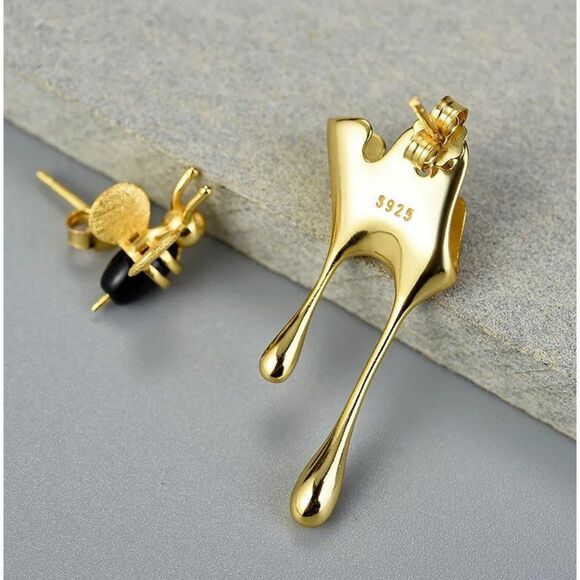 18K Gold Bumblebee & Dripping Honey Asymmetric Stud Earrings - Picture 5 of 10